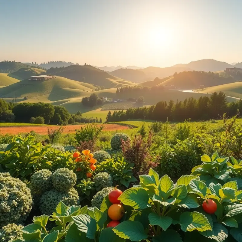 A sunlit field filled with vibrant vegetables and fruits, showcasing the abundance of nature.