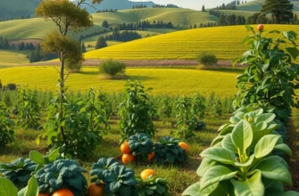An expansive organic field filled with colorful fruits and vegetables under the sun.