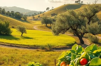 A serene landscape featuring an abundant harvest of organic produce under warm sunlight.