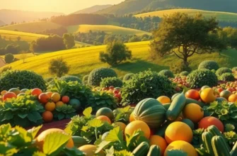 A picturesque view of an organic landscape filled with fruits and vegetables under soft, warm sunlight.