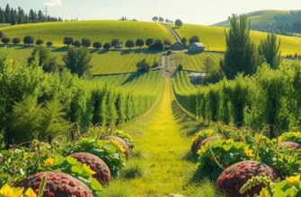 Photorealistic landscape showcasing a vibrant harvest of organic vegetables and fruits.