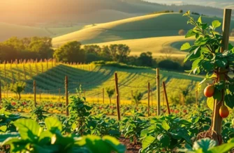 A tranquil, vibrant orchard filled with various fruits and vegetables under soft sunlight.