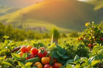 A beautiful landscape showcasing an organic farm rich with fruits and vegetables, representing healthy nutrition options.
