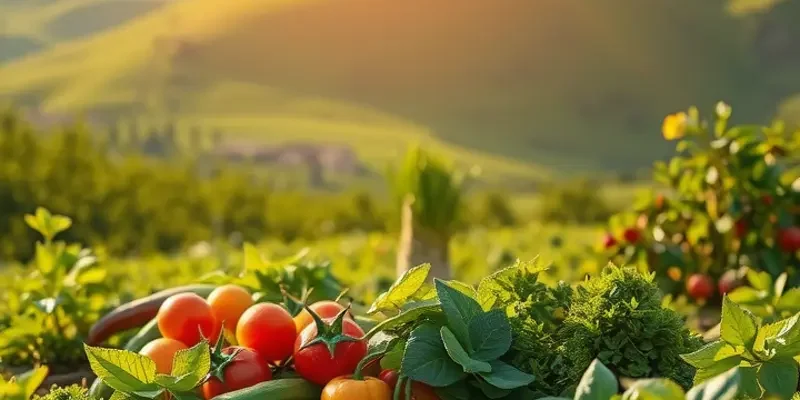 A beautiful landscape showcasing an organic farm rich with fruits and vegetables, representing healthy nutrition options.