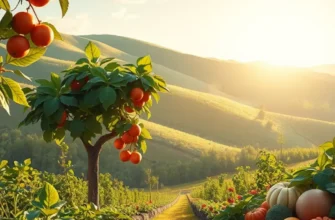 A photorealistic natural landscape filled with vibrant organic produce under soft sunlight.