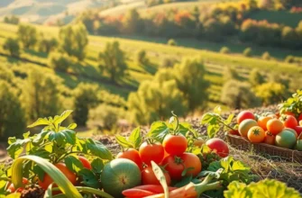 Sunlit scenic landscape filled with healthy fruits and vegetables in nature.