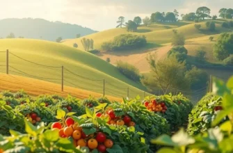 A lush landscape depicting an abundance of organic fruits and vegetables in a serene natural environment.