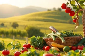 A beautiful sunlit field filled with fresh organic fruits and vegetables.