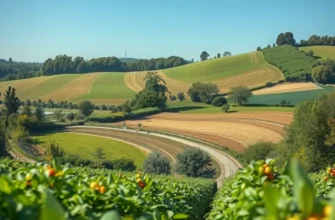 A bright field showcasing a variety of organic vegetables and fruits thriving in a lush setting.
