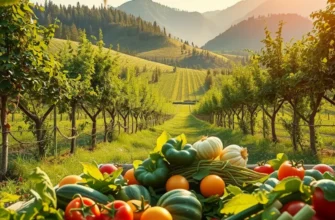 A serene sunlit field overflowing with organic vegetables and fruits, reflecting the essence of healthy and delicious breakfast options.