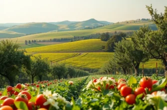 A serene landscape filled with organic produce under soft, warm lighting.
