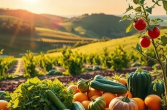 A sunlit field filled with vibrant vegetables and fruits among lush greenery.