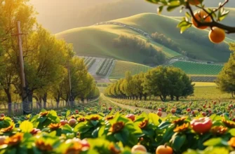 A beautiful landscape featuring organic fruits and vegetables amidst lush greenery, symbolizing healthy nutrition.