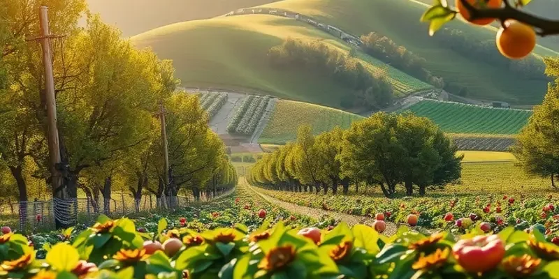 A beautiful landscape featuring organic fruits and vegetables amidst lush greenery, symbolizing healthy nutrition.