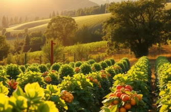 A vibrant landscape showcasing healthy fruits and vegetables growing in a sunlit field.