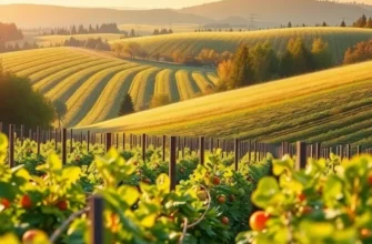 A vibrant landscape of an organic orchard filled with vegetables and fruits.