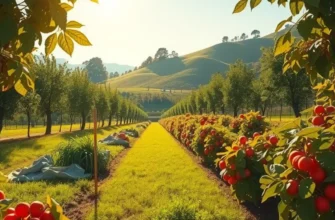 Photorealistic landscape depicting organic fruits and vegetables amid lush, green surroundings.
