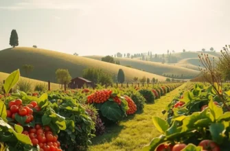 A scenic view of a sunlit field showcasing diverse organic vegetables and fruits amid lush greenery.