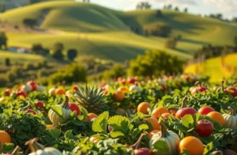 A sunlit field filled with colorful organic fruits and vegetables surrounded by greenery.