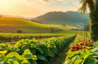 A scenic view of an organic produce field under soft lighting.