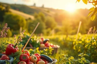 A beautiful sunset illuminating a field of vibrant organic fruits and vegetables.