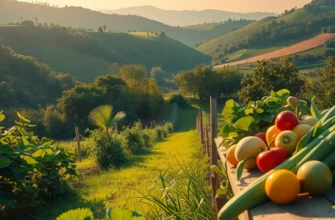 A peaceful landscape filled with vibrant organic vegetables and fruits growing in a sunlit field.