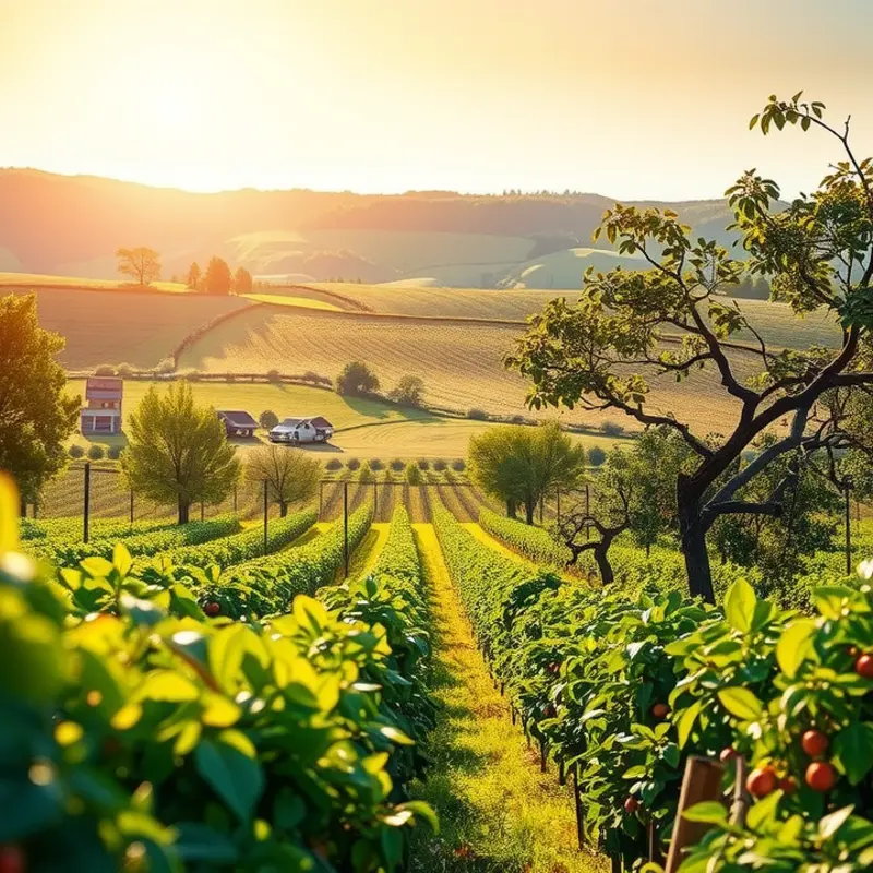 A sunlit orchard bursting with vibrant fruits and vegetables, symbolizing sustainable food choices.