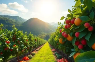 A bright orchard filled with healthy fruits and vegetables under warm light, representing the journey of rebuilding food trust.