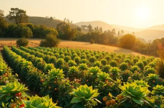 A picturesque organic landscape full of fruits and vegetables under warm sunlight.