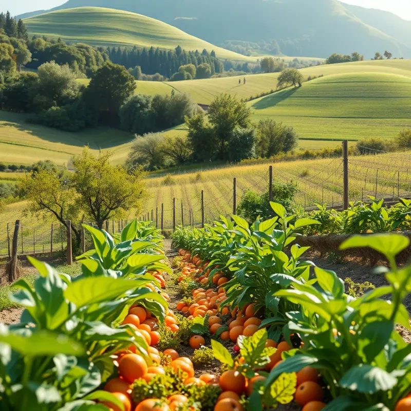 A sunlit orchard brimming with vibrant fruits and vegetables.
