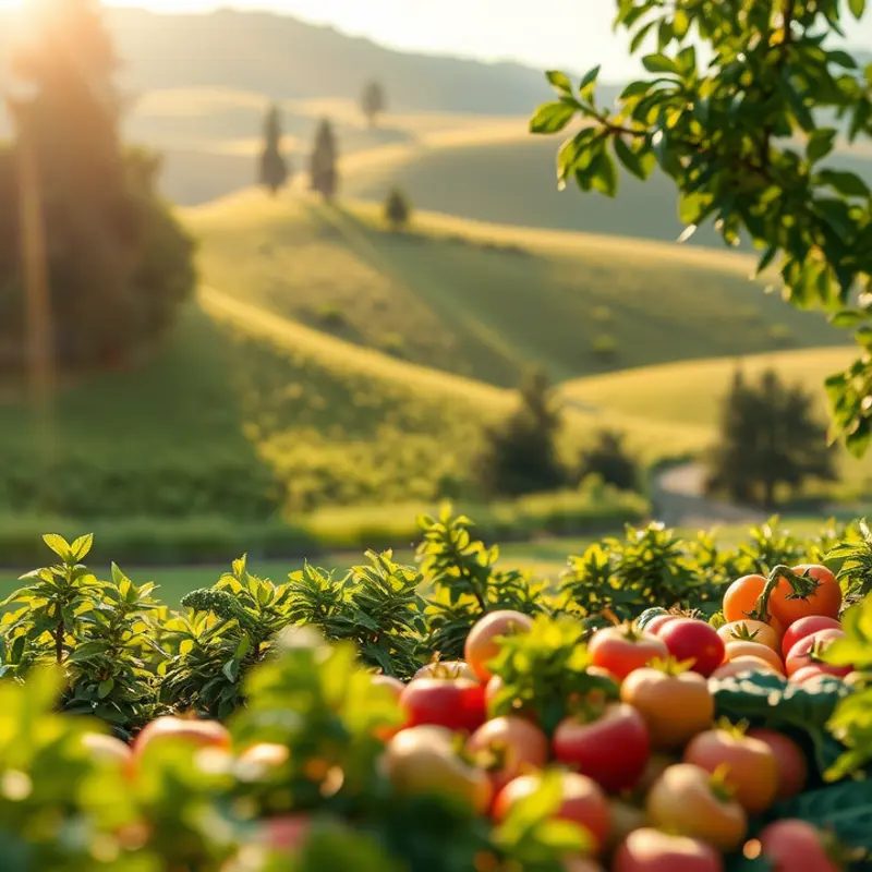 Sunlit field showcasing vibrant vegetables and fruits.