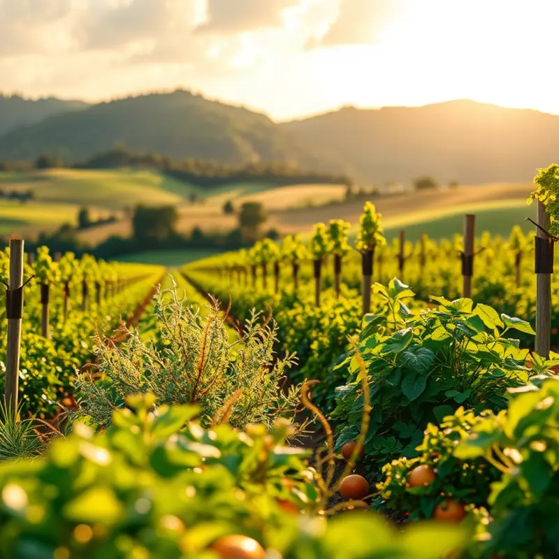 Sunlit field showcasing vibrant vegetables and fruits.