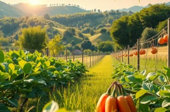 A beautiful sunny field filled with lush greenery and vibrant organic produce, demonstrating the concept of healthy nutrition.