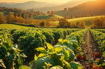 Brightly lit orchard with a variety of fruits and vegetables growing in a picturesque landscape.