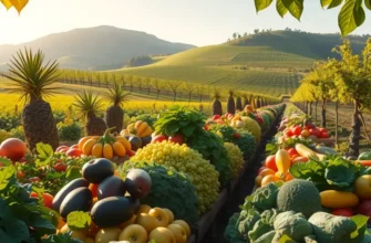 A natural scene with a sunlit field filled with vibrant vegetables and fruits.