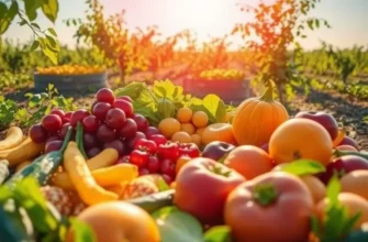 A beautiful landscape featuring a sunlit field filled with fresh fruits and vegetables, symbolizing healthy, conscious snacking.