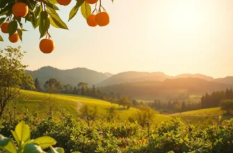 A tranquil scene featuring a variety of organic fruits and vegetables in a sunlit field.
