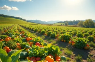 A vibrant sunlit field full of vegetables and fruits surrounded by lush greenery.