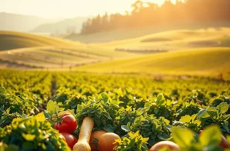 A scenic view of sunlit fields showcasing abundant organic produce, creating a focus on healthy nutrition.