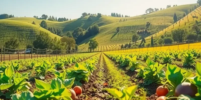A beautiful landscape showcasing a lush field of assorted organic vegetables and fruits.