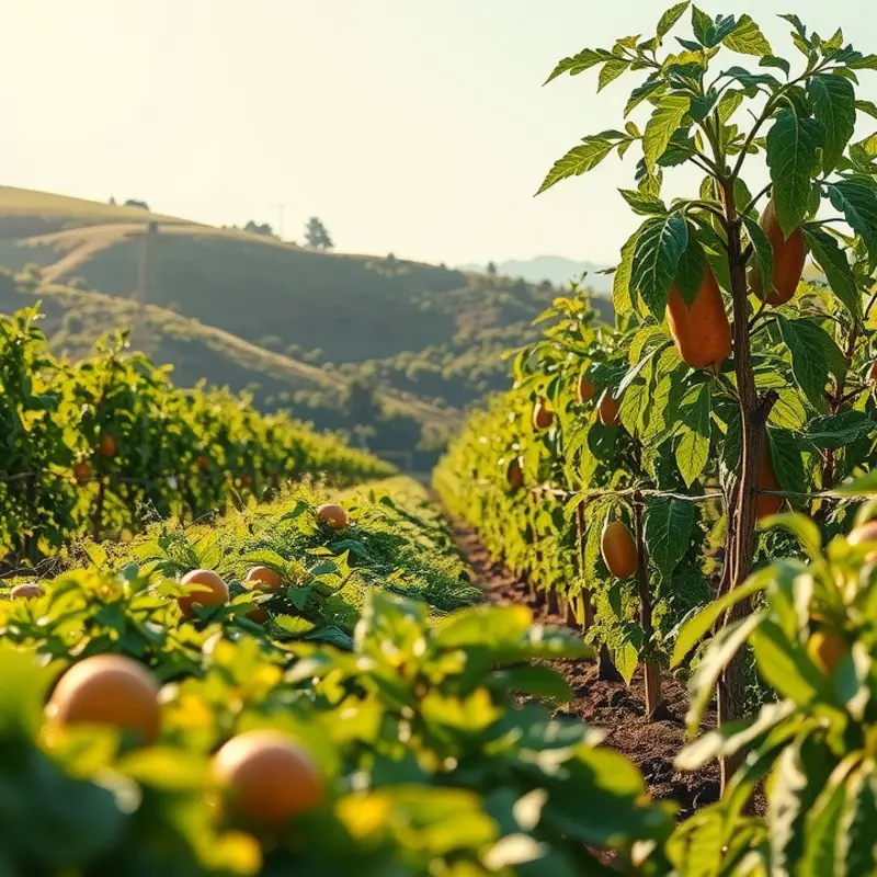A vibrant sunlit field showcasing an abundance of organic fruits and vegetables.