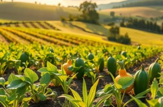 A scenic orchard showcasing a variety of fresh produce in a serene natural setting.