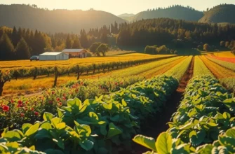 A scenic landscape of a sunlit field with bountiful organic produce and lush greenery.