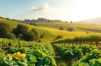 A lush landscape of various organic fruits and vegetables thriving under warm sunlight.