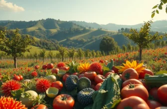 A scenic view of vibrant vegetables and fruits in an organic landscape under sunlight