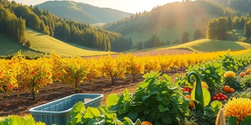 A scenic view of a sunlit field filled with abundant fresh fruits and vegetables.