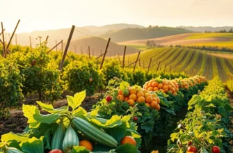 A photorealistic landscape of a sunlit field filled with vegetables and fruits, illustrating the beauty of nature.
