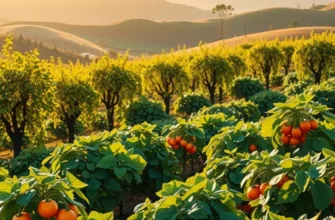 A natural landscape showcasing an orchard with organic vegetables and fruits basking in sunlight.
