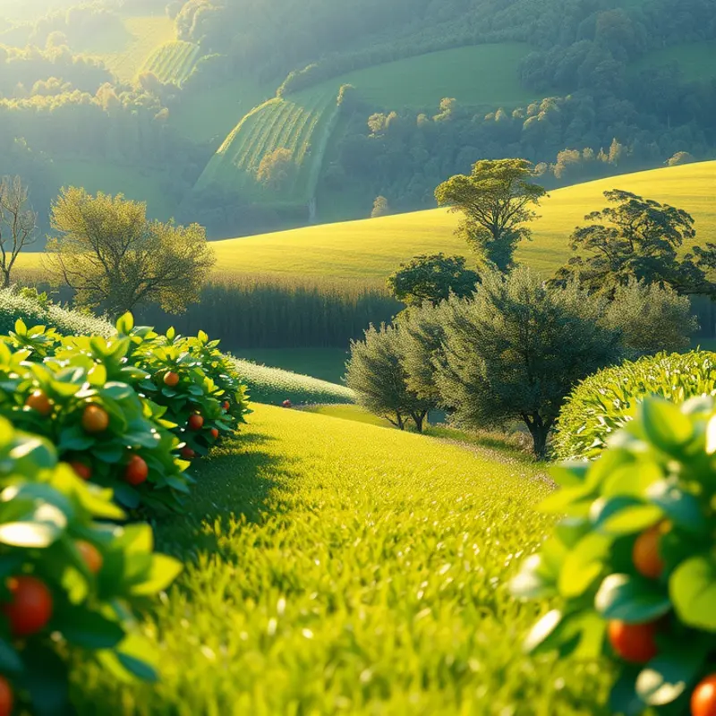 A lush field full of vibrant vegetables and fruits under warm sunlight.