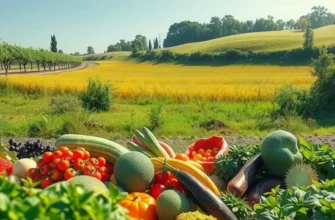 A vibrant sunlit field overflowing with organic vegetables and fruits in a natural setting.